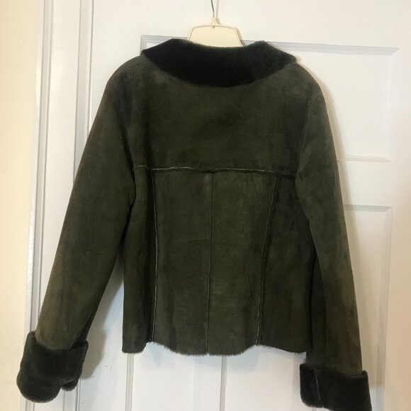 Jones New York Olive Green Dyed Lamb Suede Shearling Coat Jacket Outerwear - Picture 3 of 6